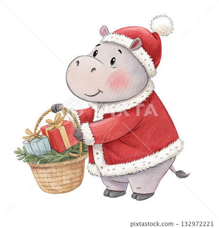 hippopotamus in Santa Claus costume holding a Christmas basket 132972221