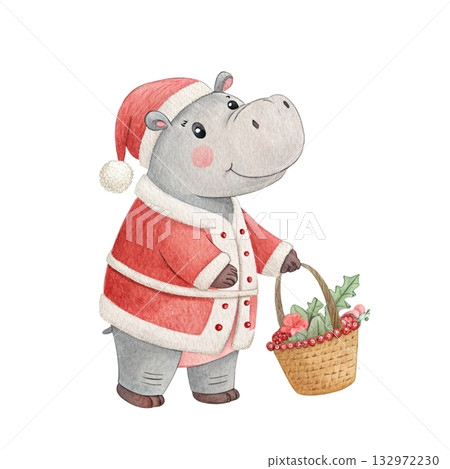 hippopotamus in Santa Claus costume holding a Christmas basket 132972230