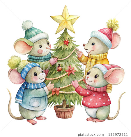 cute mice decorating a Christmas tree cute mice decorating a Christmas tree 132972311