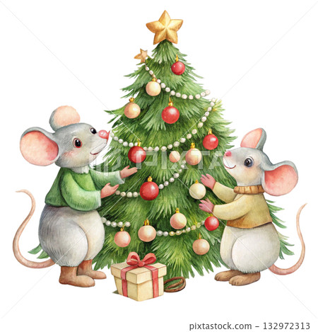 cute mice decorating a Christmas tree cute mice decorating a Christmas tree 132972313