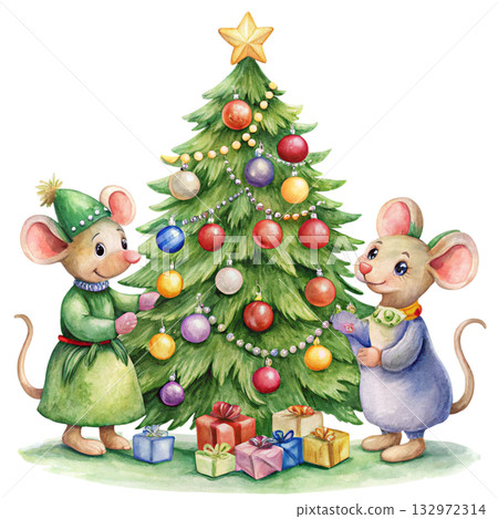 cute mice decorating a Christmas tree 132972314