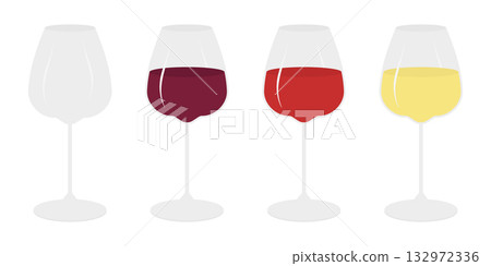 Half Filled Wide Glasses with different Wine Types Red Rose and Wine and Empty Wineglass Flat design Half Filled Wide Glasses with different Wine Types Red Rose and Wine and Empty Wineglass Flat design 132972336