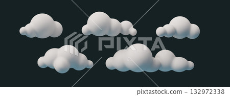 White 3D cloud set in cartoon style. Vector illustration with fluffy, soft and realistic shapes. White cloud appears cute and decorative, perfect for weather, sky, or fantasy design White 3D cloud set in cartoon style. Vector illustration with fluffy, soft and realistic shapes. White cloud appears cute and decorative, perfect for weather, sky, or fantasy design 132972338