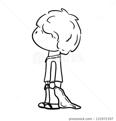 Little boy looking up with holding a blanket cartoon outline illustration 132972397