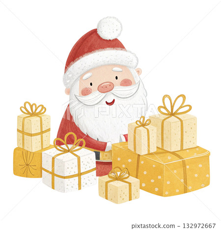 watercolor Santa Claus surrounded by golden yellow and creamy white presents 132972667
