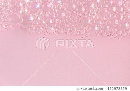 Bubbles of body gel or soap foam or shaving gel. Closeup. Copy space 132972859