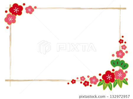 Japanese-style square frame with pine, bamboo, plum and brush strokes Japanese-style square frame with pine, bamboo, plum and brush strokes 132972957