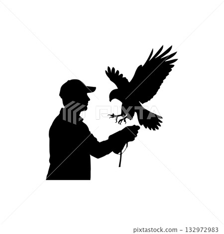 falconer holding bird of prey silhouette isolated on white background 132972983