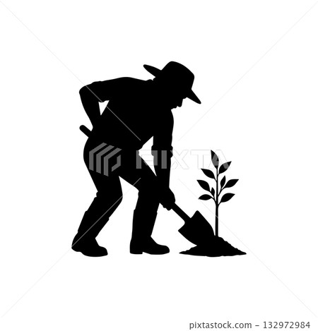 farmer silhouette icon man planting young tree with shovel illustration 132972984