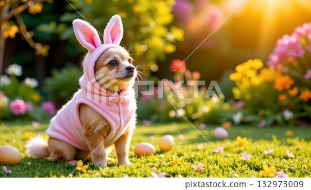 An adorable scene of a small dog sitting in a grassy yard with colorful flowers around it 132973009