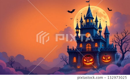 This is an illustration of a Halloween themed haunted house with a full moon in the sky 132973025