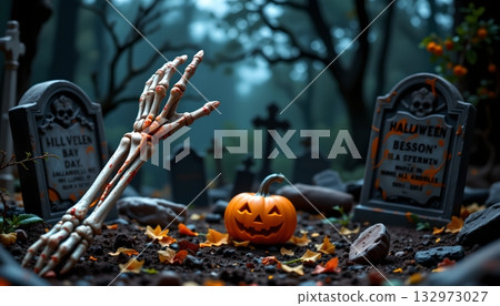 An atmospheric Halloween scene with skeletons, pumpkins, and leaves scattered around. 132973027