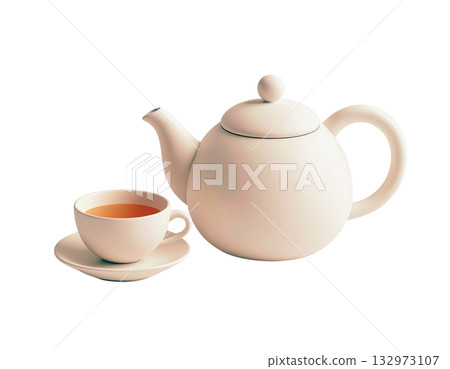 茶壺和熱茶的立體插圖 132973107