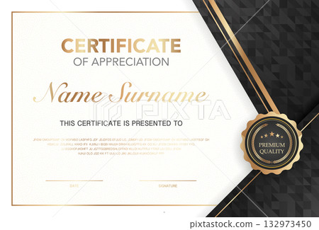 Modern certificate of appreciation template with elegant gold and black design, premium quality badge, customizable name and signature area, perfect for awards, achievement or recognition. Modern certificate of appreciation template with elegant gold and black design, premium quality badge, customizable name and signature area, perfect for awards, achievement or recognition. 132973450