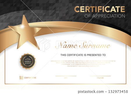 Modern certificate of appreciation template with elegant gold and black design, premium quality badge, customizable name and signature area, perfect for awards, achievement or recognition. 132973458