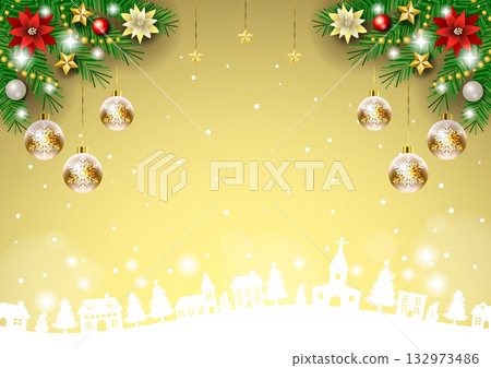 聖誕節背景，雪花，金色，裝飾品，可愛，插圖，橫向 132973486
