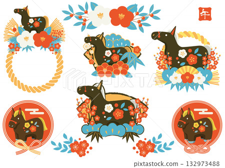 馬年新年圖示集，復古色彩，黑馬，可愛，插畫 132973488