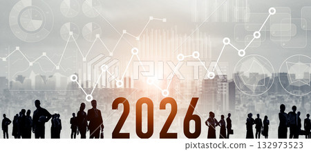 Multinational group of people and digital technology 2026 New Year image Business New Year's card material 132973523