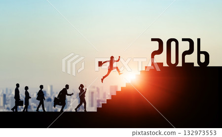 People running up the stairs to 2026 Business New Year's image for 2026 Reiwa 8 New Year's card material 132973553