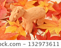 Autumn creative landscape featuring handmade clay crafts and autumn leaves 132973611