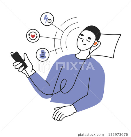 Flat cartoon vector illustration of man using vagus nerve stimulator device for health monitoring and wellness. Concept of biohacking, stress relief, relaxation and modern medical technology 132973676