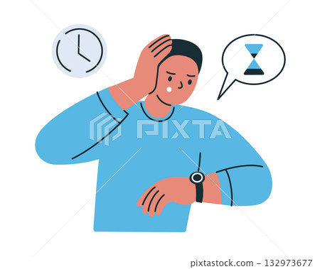 Flat cartoon vector illustration of man looking at watch and holding head in panic. Concept of lateness, stress, deadline, rush and time pressure in business and daily life situations 132973677