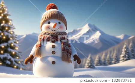 A snowman wearing a scarf and a knitted hat is relaxing on the sofa in the living room. A room decorated for Christmas. 132973751