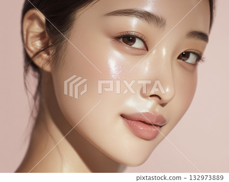 特寫鏡頭：一位女性的臉部，塗抹美容精華液後，皮膚變得濕潤 132973889