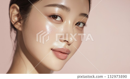 特寫鏡頭：一位女性的臉部，塗抹美容精華液後，皮膚變得濕潤 132973890