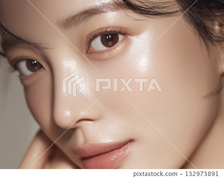 特寫鏡頭：一位女性的臉部，塗抹美容精華液後，皮膚變得濕潤 132973891