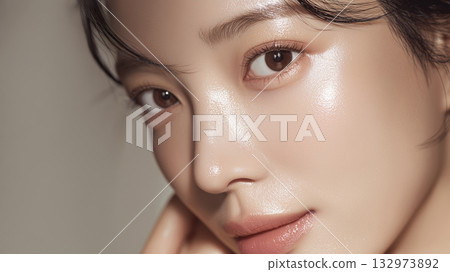 特寫鏡頭：一位女性的臉部，塗抹美容精華液後，皮膚變得濕潤 132973892