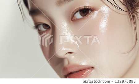 Close-up of a woman's face with moisturized skin after applying beauty serum 132973893