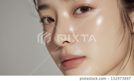 Close-up of a woman's face with moisturized skin after applying beauty serum 132973897