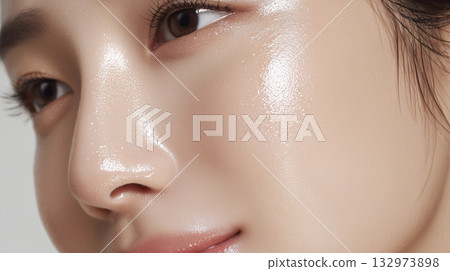 Close-up of a woman's face with moisturized skin after applying beauty serum 132973898