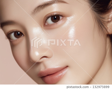 特寫鏡頭：一位女性的臉部，塗抹美容精華液後，皮膚變得濕潤 132973899