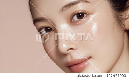 Close-up of a woman's face with moisturized skin after applying beauty serum 132973900