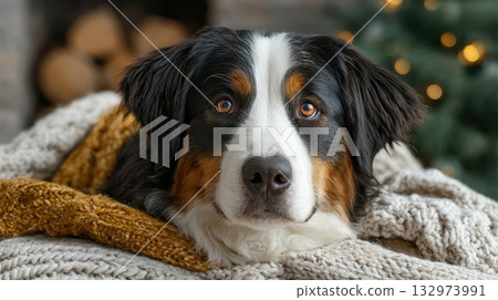 A cozy Bernese Mountain Dog rests comfortably under blankets indoors A cozy Bernese Mountain Dog rests comfortably under blankets indoors 132973991