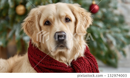 A festive Golden Retriever dog wearing a cozy red scarf sits near a decorated Christmas tree 132974003