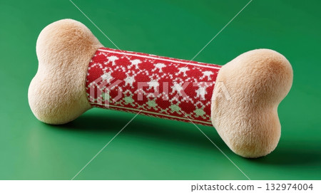 A festive holiday dog bone toy with a patterned fabric middle and plush ends A festive holiday dog bone toy with a patterned fabric middle and plush ends 132974004
