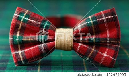 A festive red and green plaid bow tie with a gold band for pet 132974005