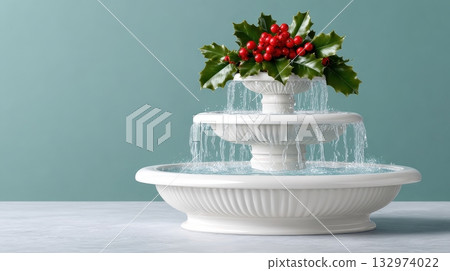 A white tiered fountain with holly and red berries A white tiered fountain with holly and red berries 132974022