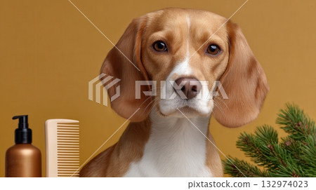 Adorable Beagle dog with grooming essentials and pine sprig on a warm studio background 132974023