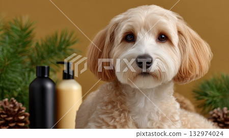 Adorable fluffy dog with pet grooming supplies and festive pine Adorable fluffy dog with pet grooming supplies and festive pine 132974024