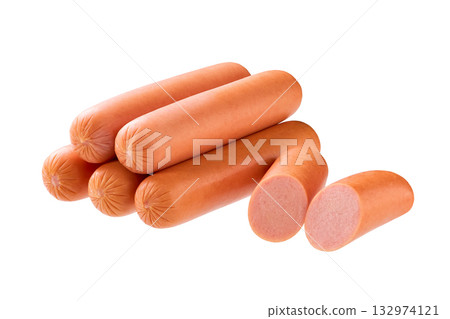 whole tasty boiled sausages isolated on white background. whole tasty boiled sausages isolated on white background. 132974121