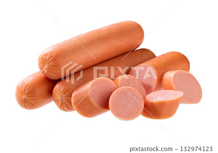 whole tasty boiled sausages isolated on white background. 132974123