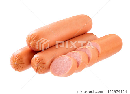 whole tasty boiled sausages isolated on white background. whole tasty boiled sausages isolated on white background. 132974124