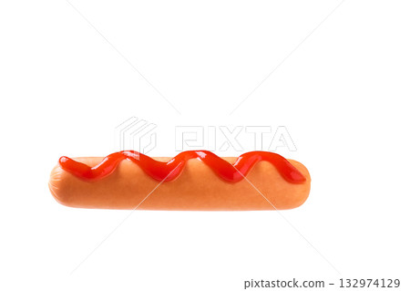 boiled sausage with ketchup isolated on a white background. 132974129