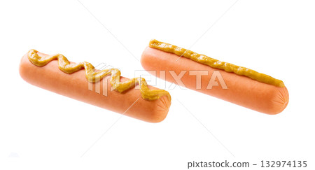 boiled sausage with mustard isolated on a white background. boiled sausage with mustard isolated on a white background. 132974135