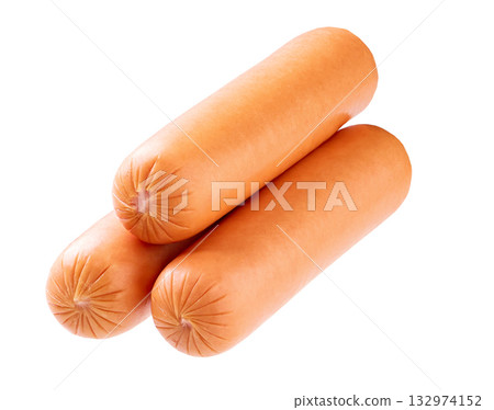 whole boiled sausages isolated on white background. Fresh boiled sausage isolated on white background. whole boiled sausages isolated on white background. Fresh boiled sausage isolated on white background. 132974152