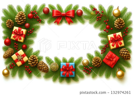 聖誕花圈背景，飾以鬆果和禮物 132974261